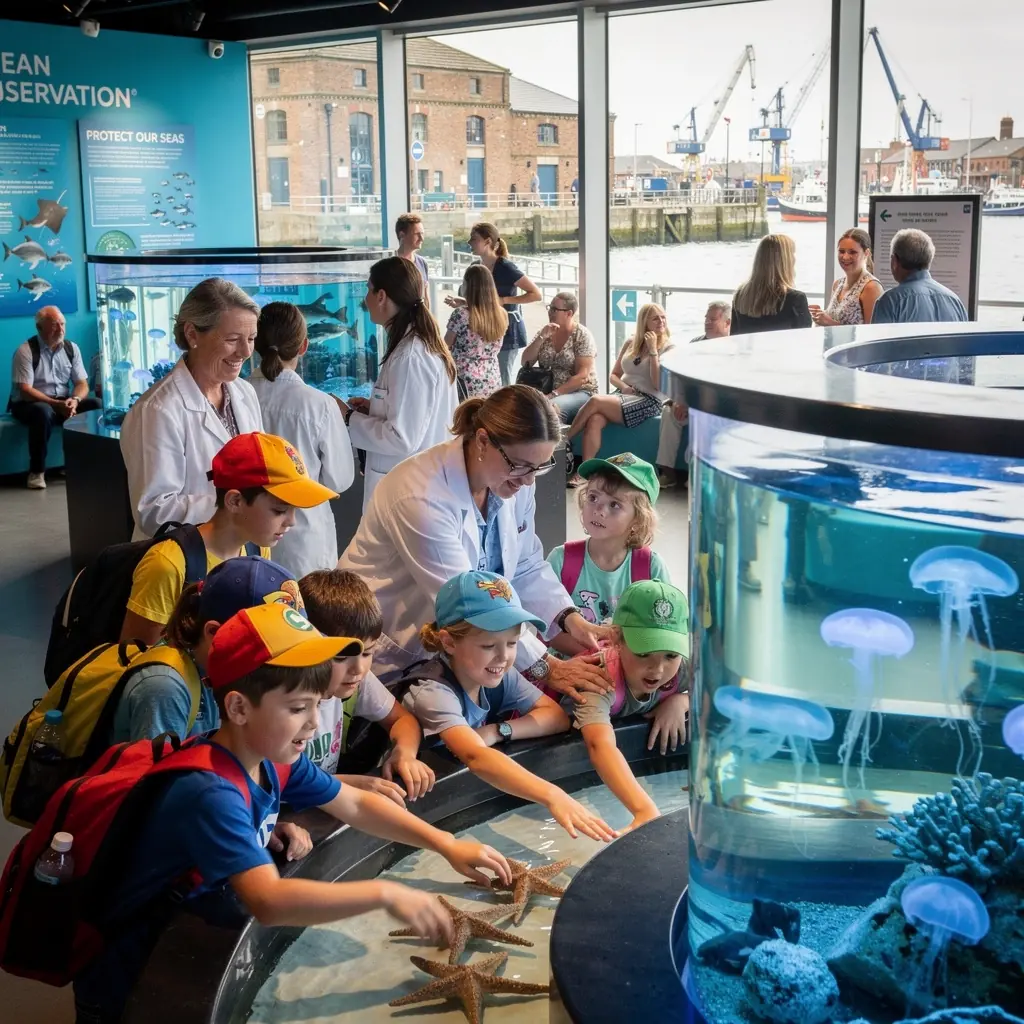Historische Backsteingebäude am Hafen von Stralsund, umgeben von Wasser und Booten.