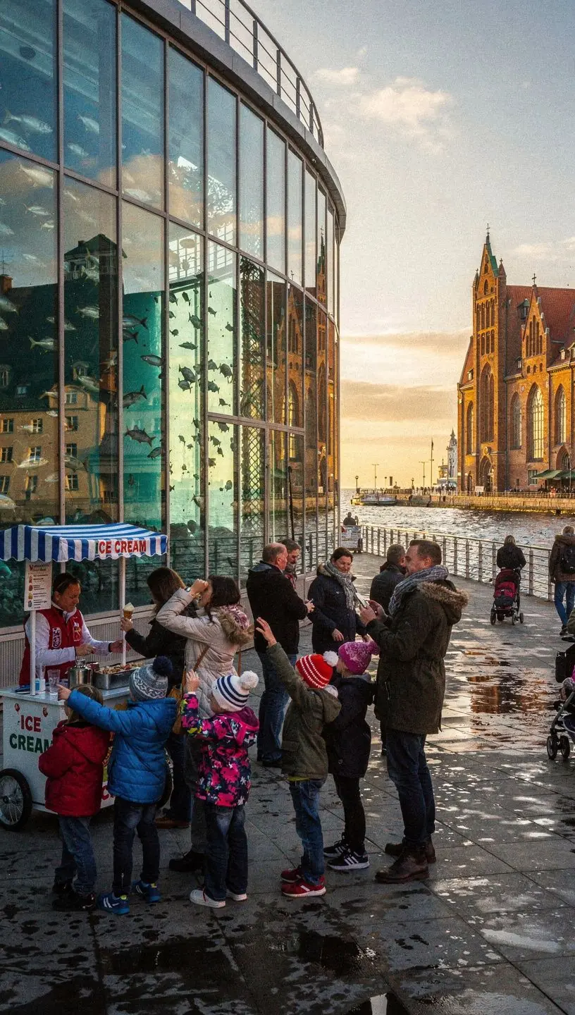 Abendlicher Sonnenuntergang über dem Stralsunder Hafen, der die Wasseroberfläche golden färbt.